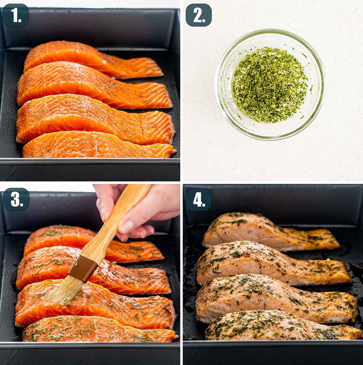 detailed process shots showing how to make baked salmon.