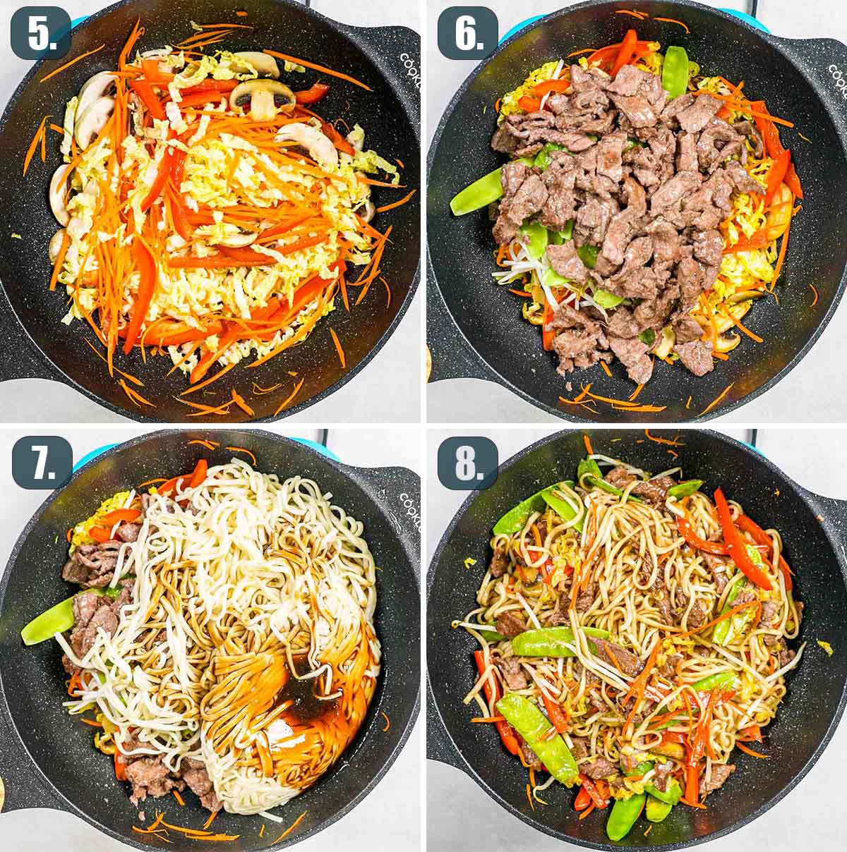 process shots showing how to cook beef lo mein.