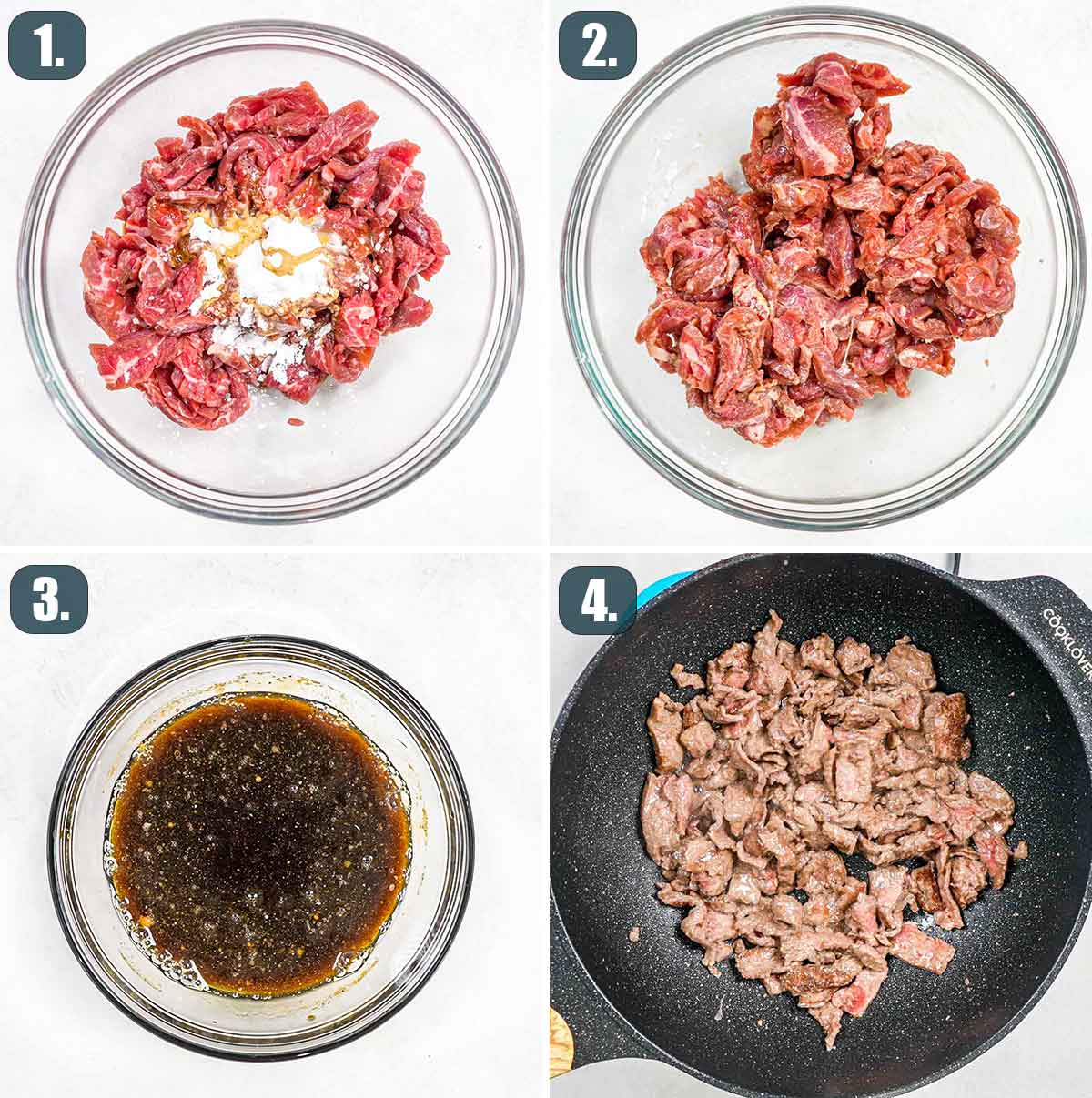process shots showing how to prep ingredients for making beef lo mein.