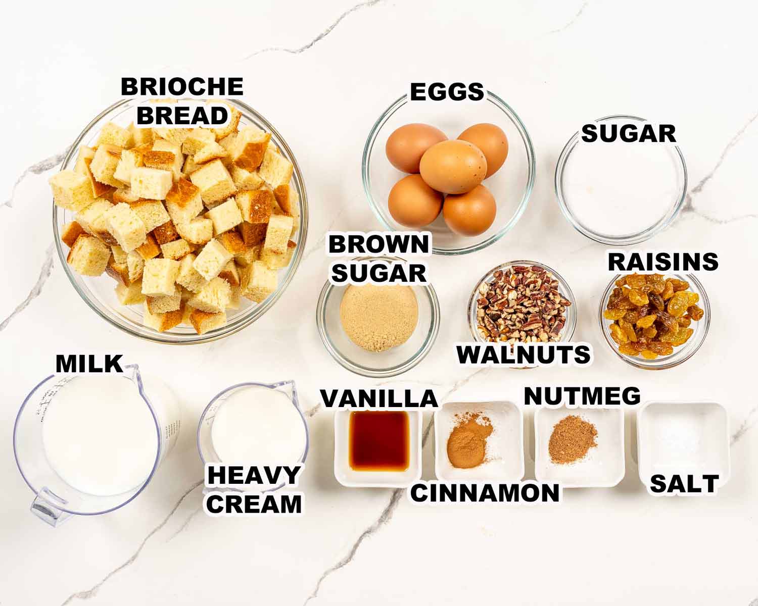 ingredients needed to make bread pudding.