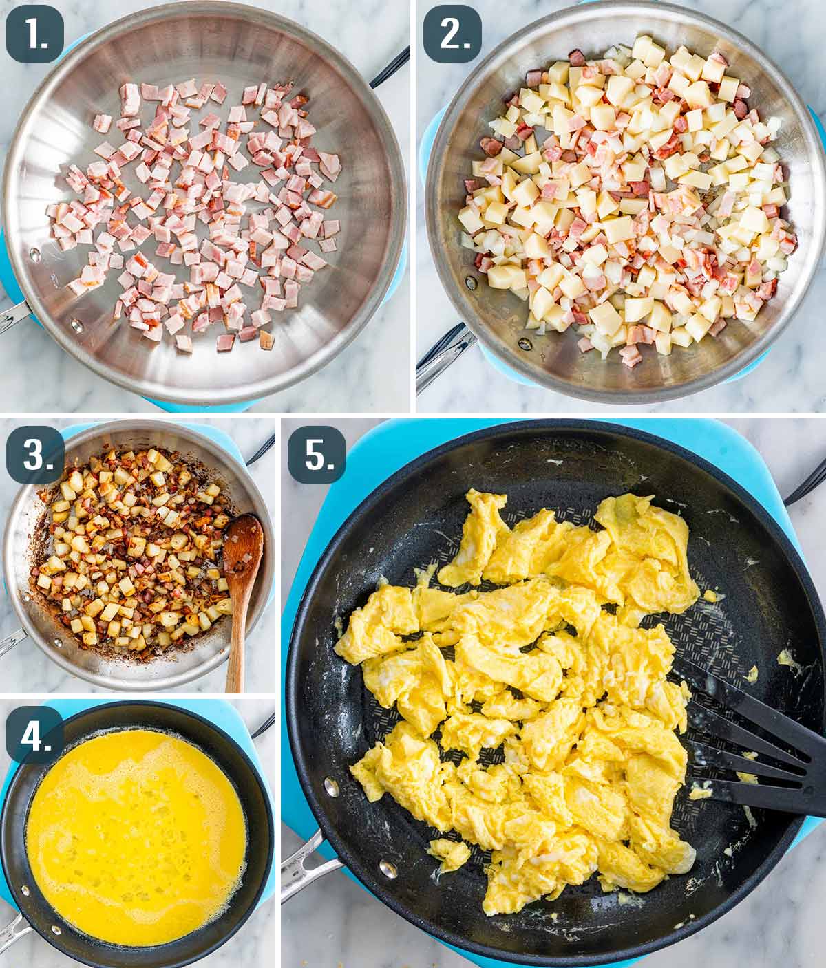 detailed process shots showing how to make the filling for breakfast quesadillas.