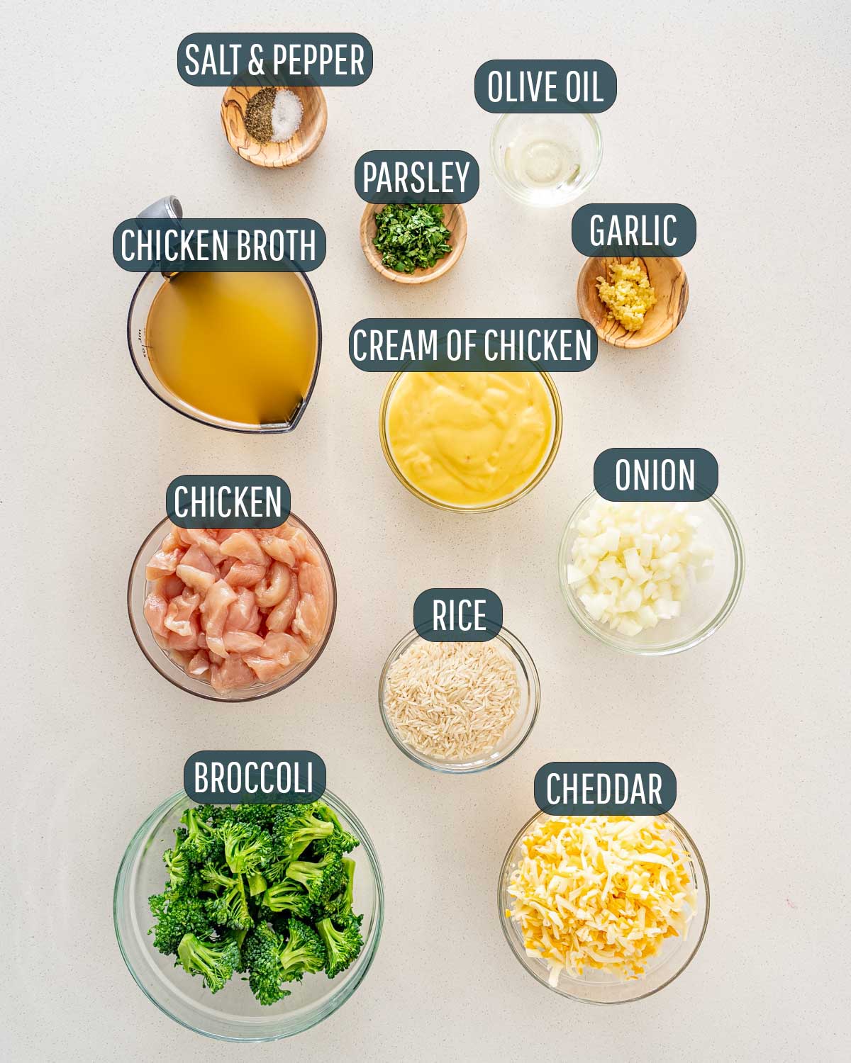 overhead shot of ingredients needed to make cheesy chicken broccoli casserole.