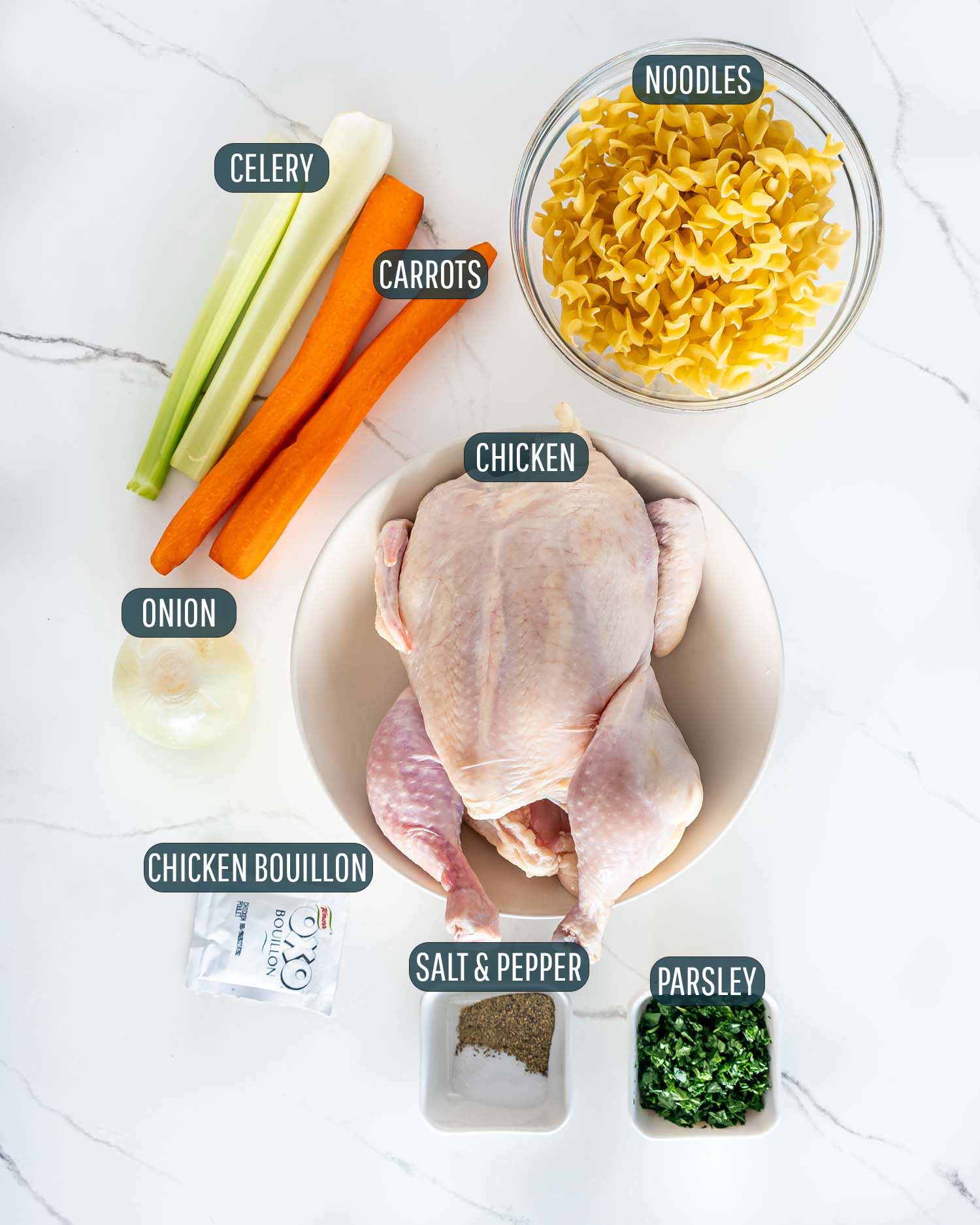 ingredients needed to make homemade chicken noodle soup.