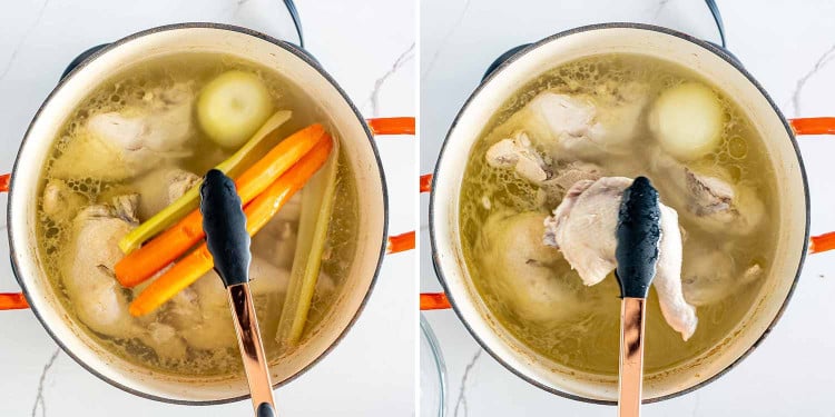 process shots showing how to make chicken noodle soup.