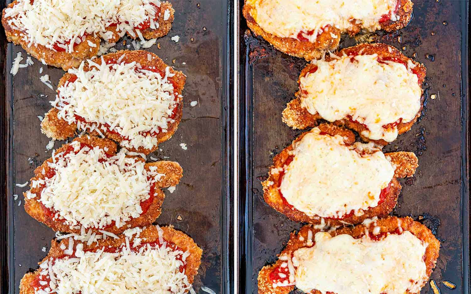 process shots showing how to make chicken parmesan.