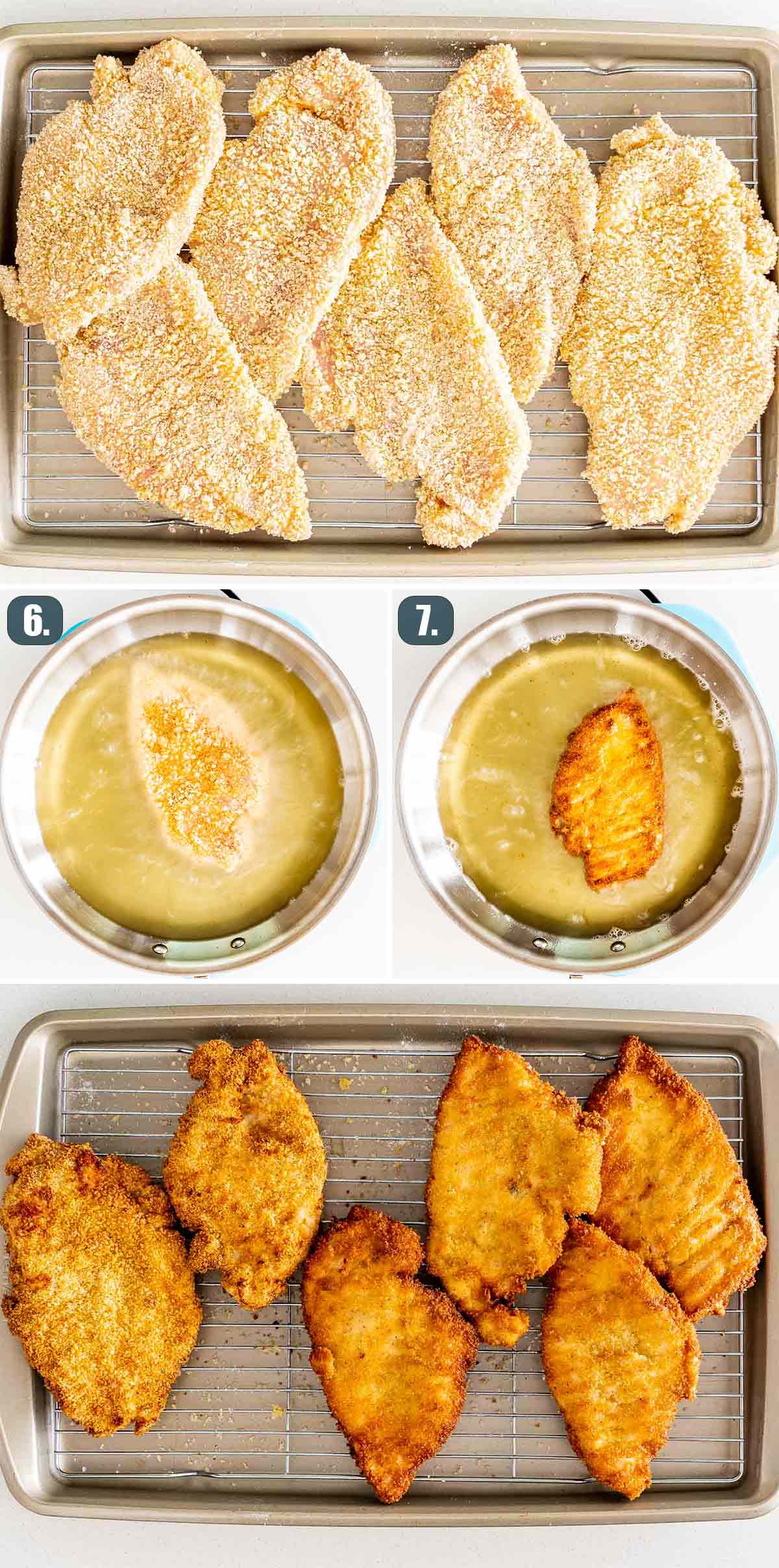 process shots showing how to fry chicken schnitzel.