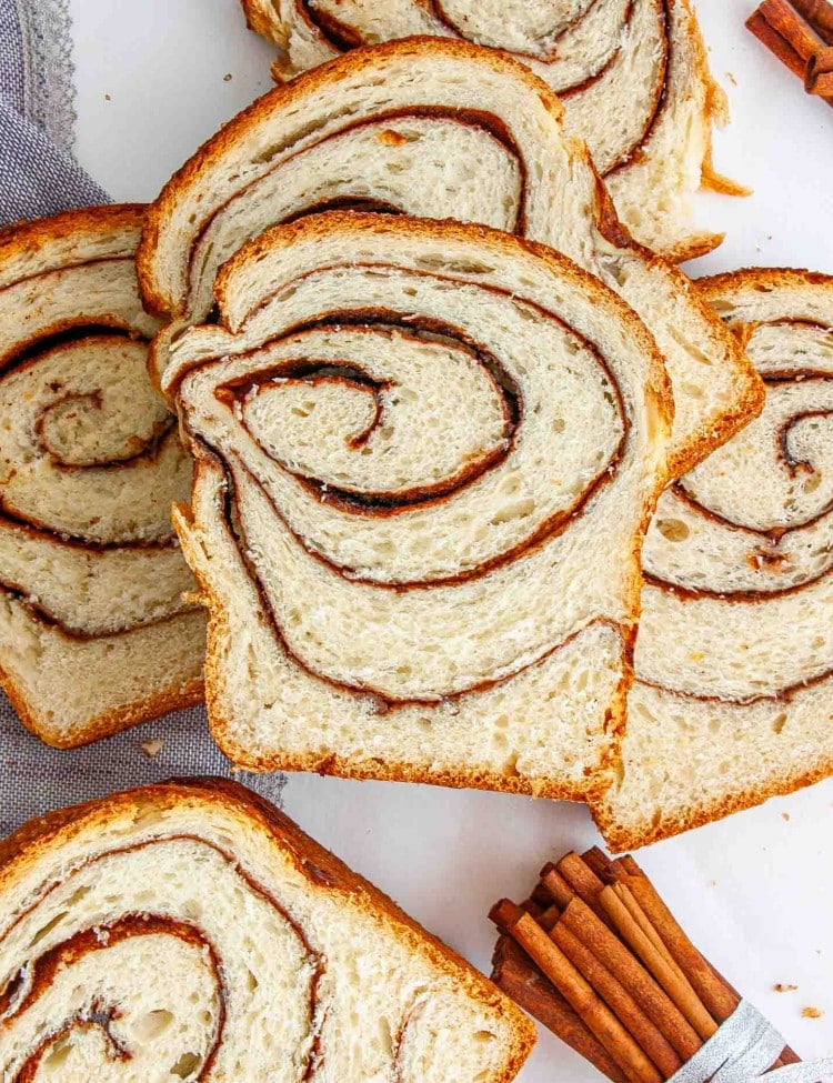 slices of cinnamon bread on a table.