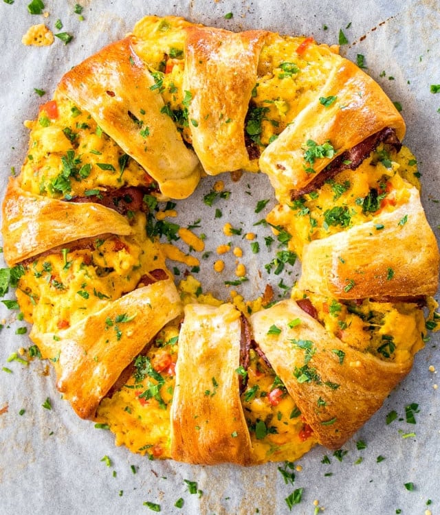 overhead shot of crescent bacon breakfast ring