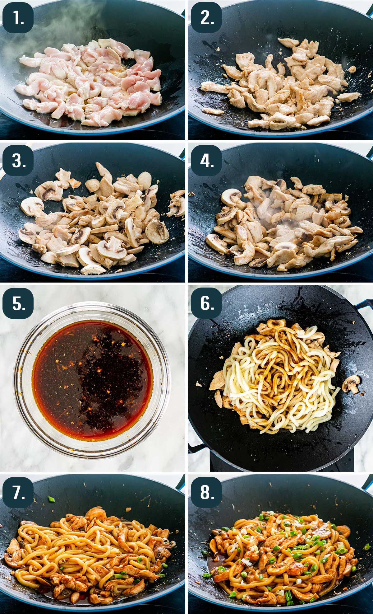 detailed process shots showing how to make hoisin chicken udon noodles