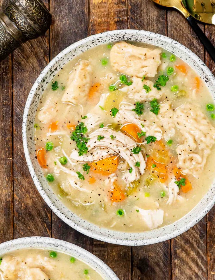 a bowl with some freshly made instant pot chicken and dumplings.