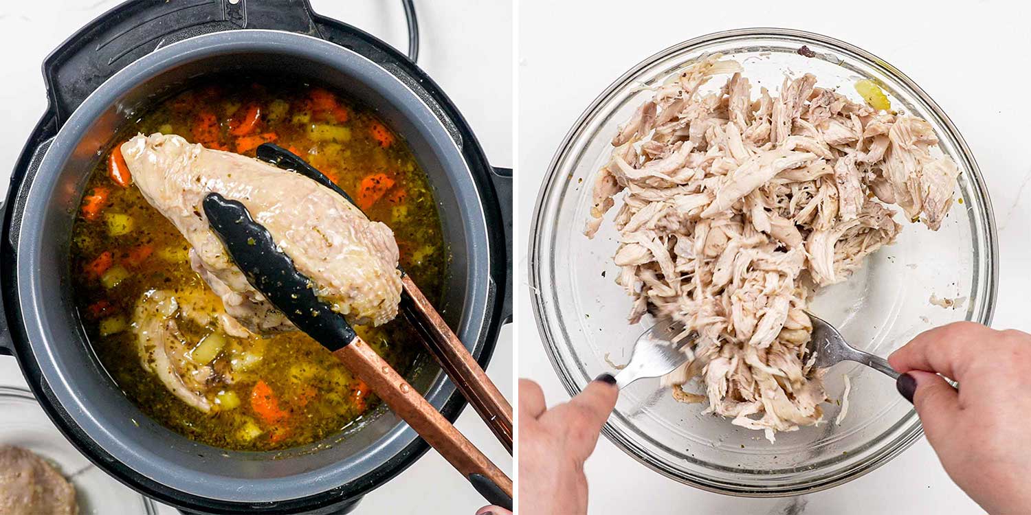 process shots showing how to make chicken noodle soup in an instant pot.