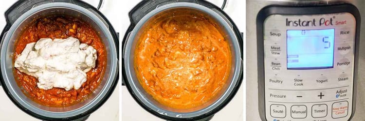process shots showing how to add chicken tikka to the instant pot and cook it.