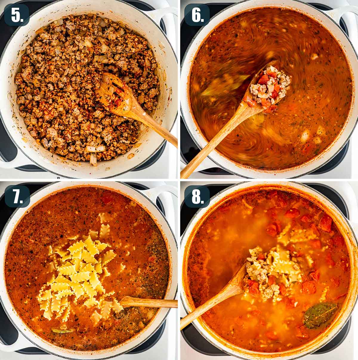 process shots showing how to finish lasagna soup.