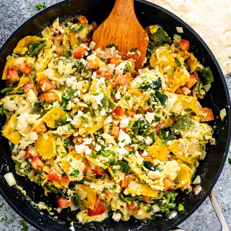 freshly made migas in a black skillet.