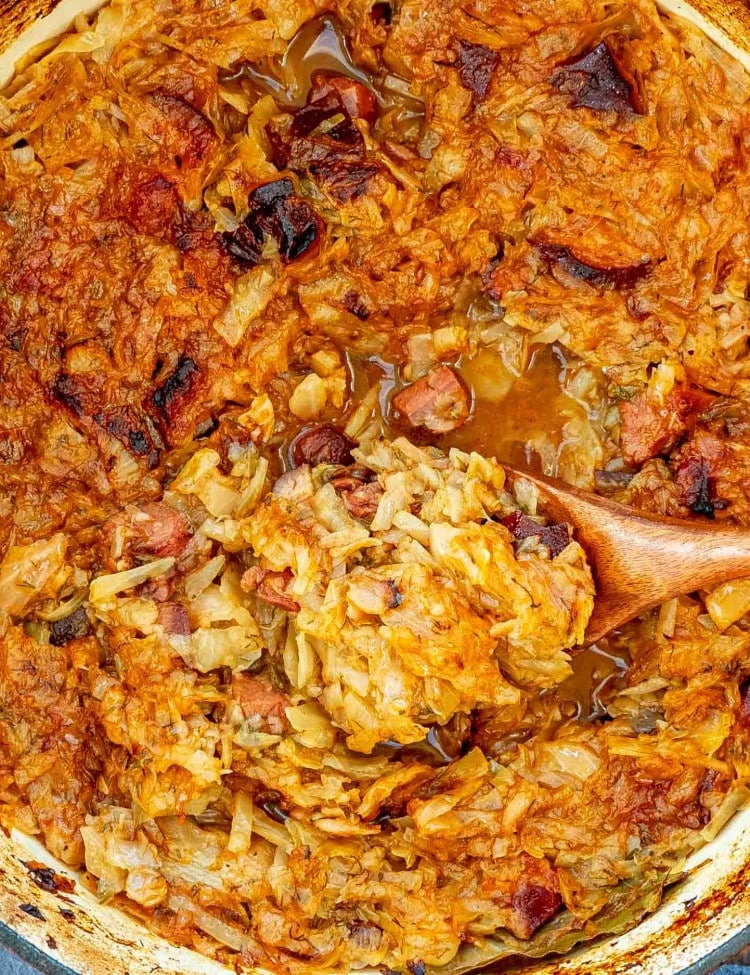 fresh out of the oven, mom's braised cabbage in a Dutch oven.