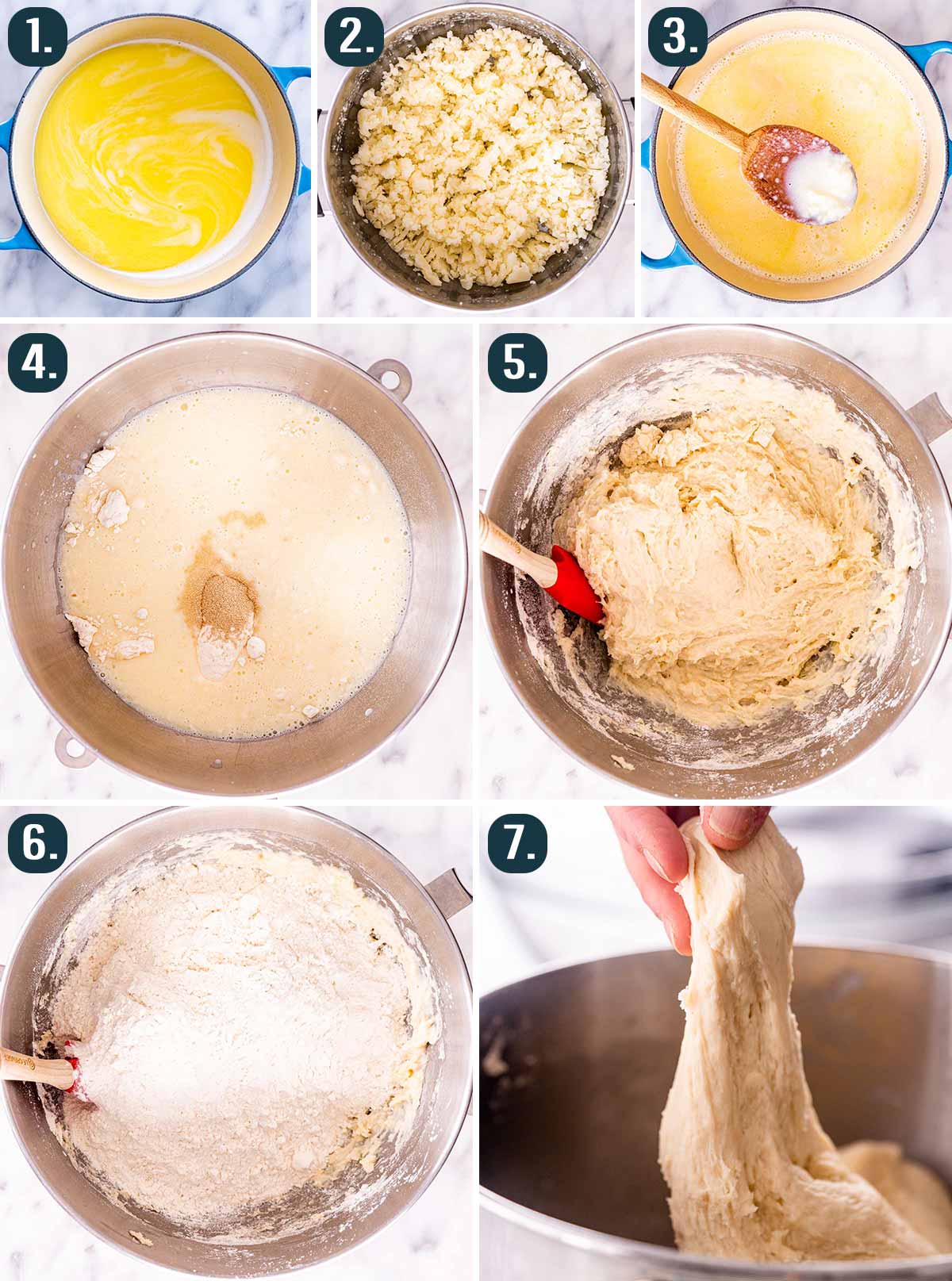 detailed process shots showing how to make dough for homemade potato dough.