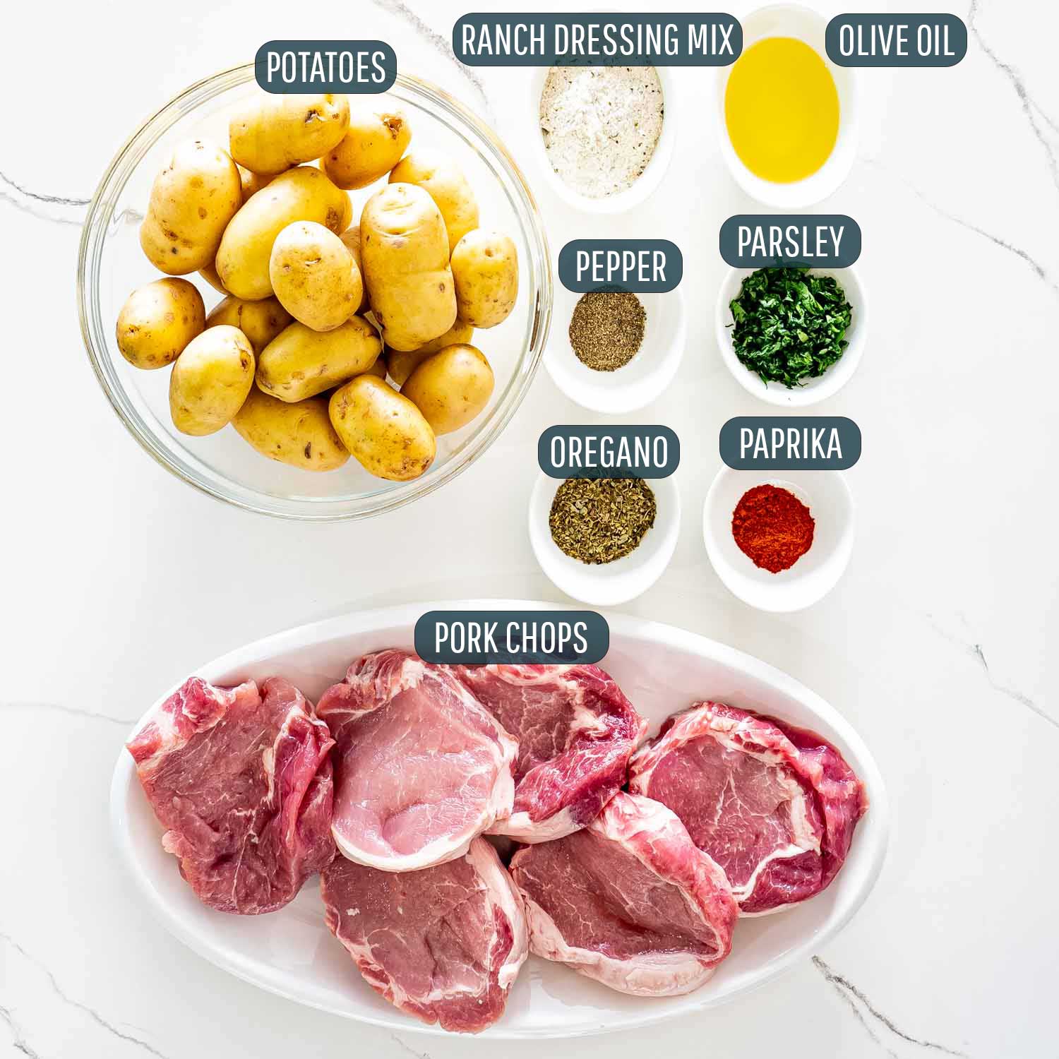 ingredients needed to make ranch pork chops and potatoes.