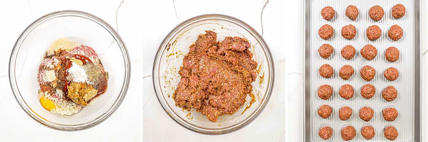 process shots showing how to make meat mixture for salisbury steak meatballs.
