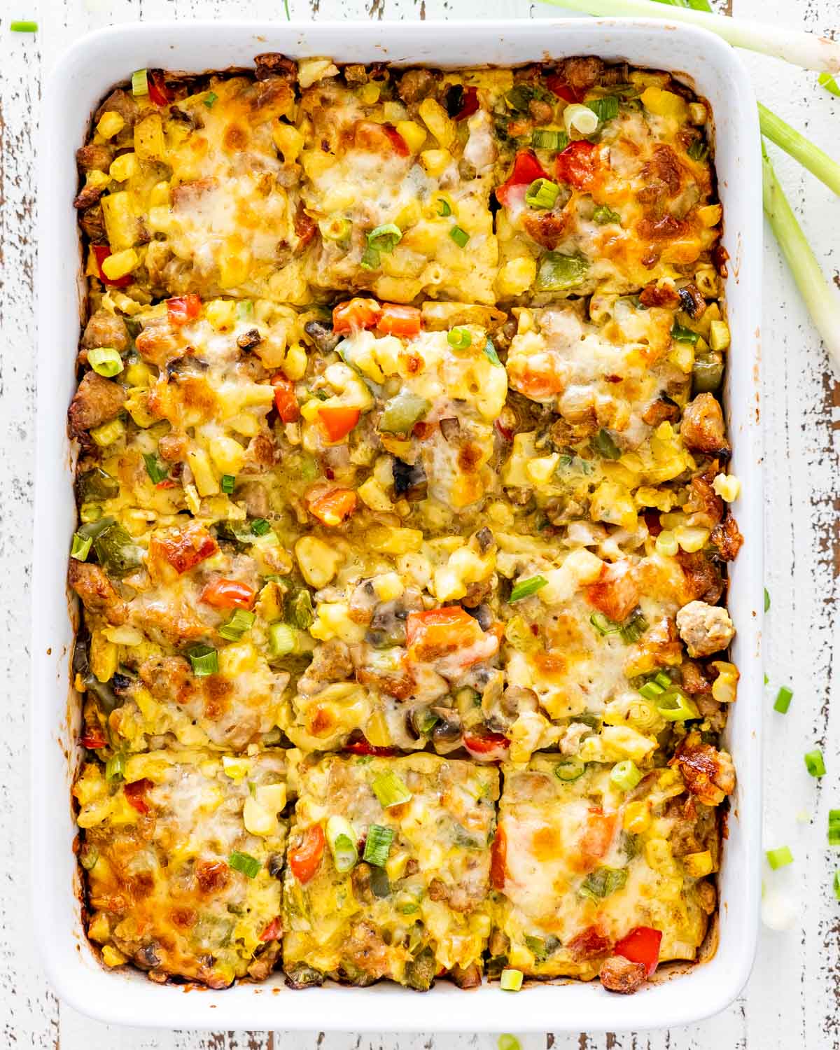 sausage potato breakfast casserole cut into slices.