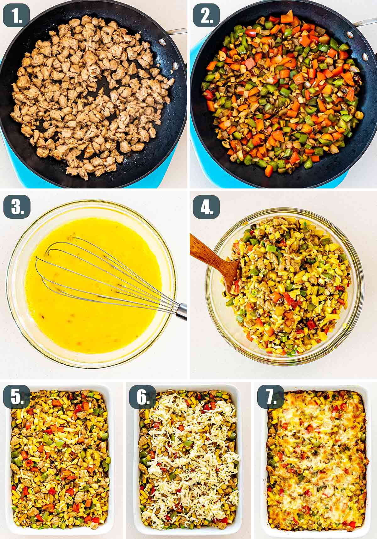 detailed process shots showing how to make sausage potato breakfast casserole.