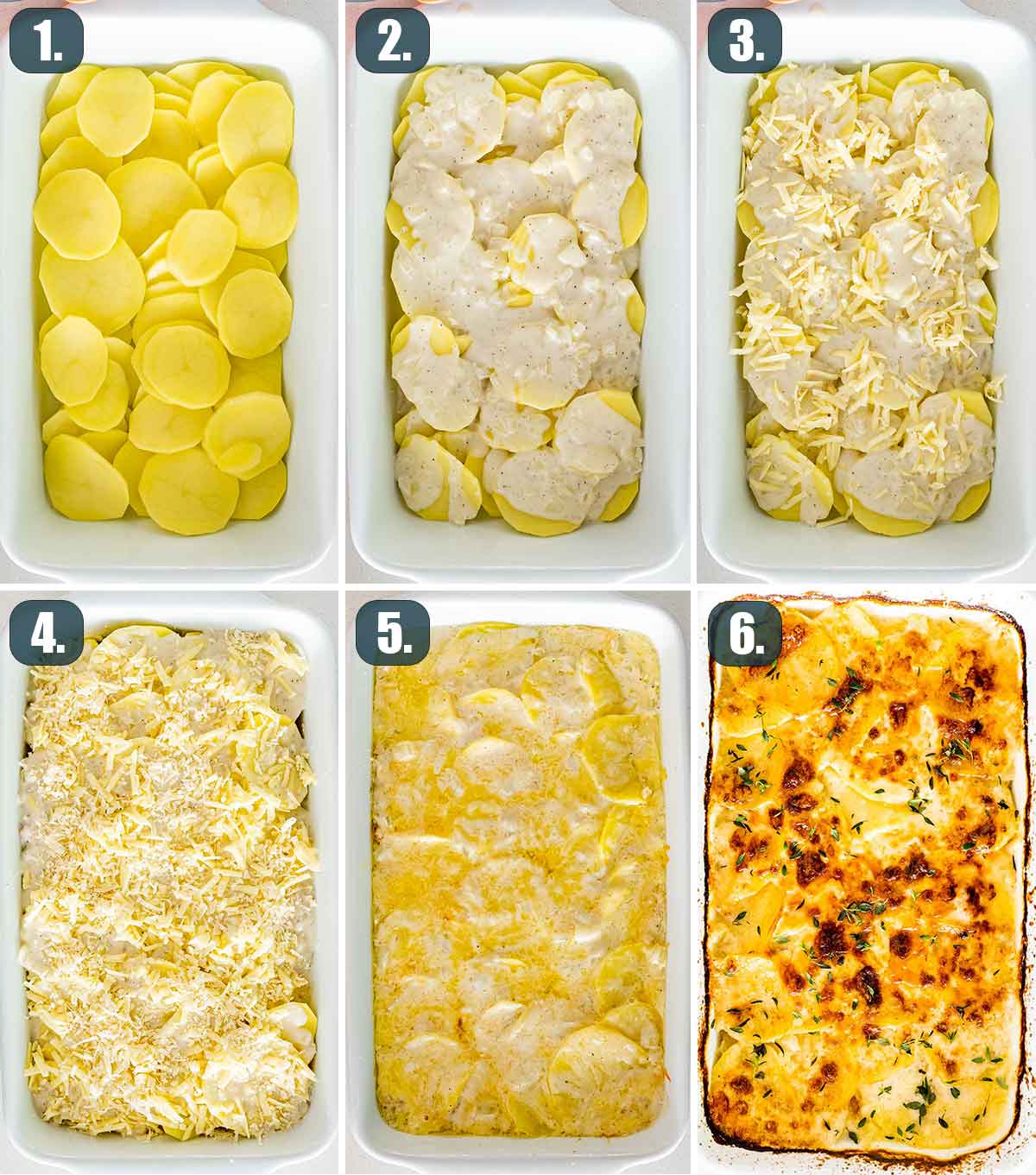 process shots showing how to layer potatoes au gratin.
