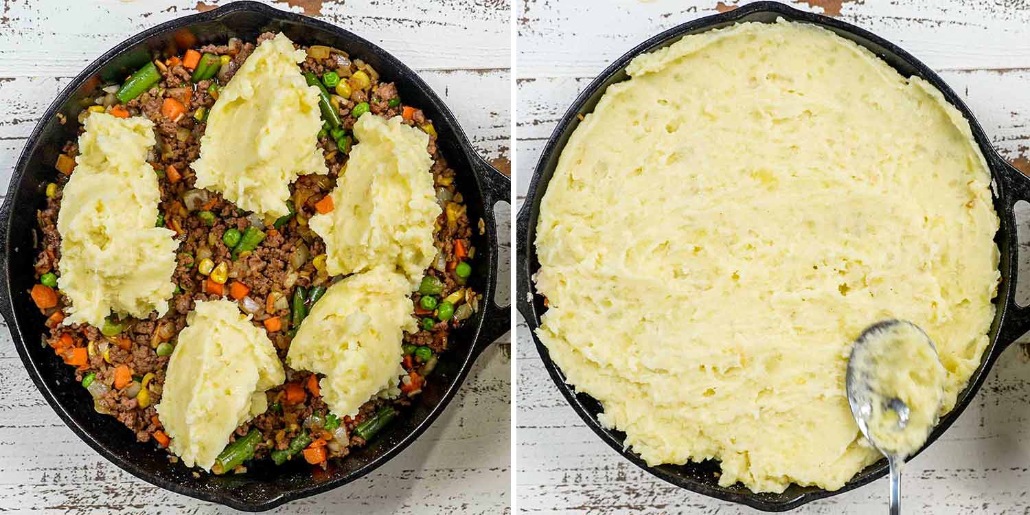 process shots showing how to make skillet shepherd's pie.