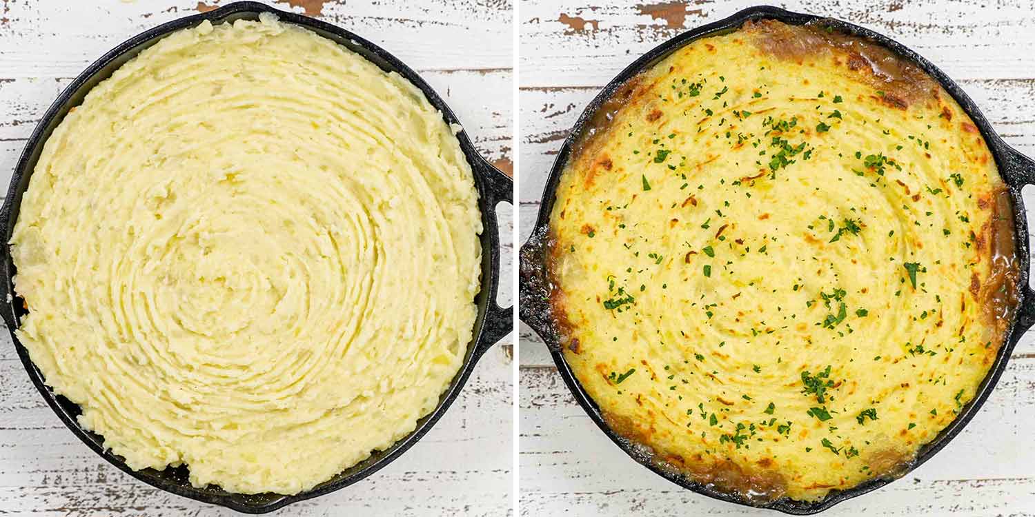 process shots showing how to make skillet shepherd's pie.